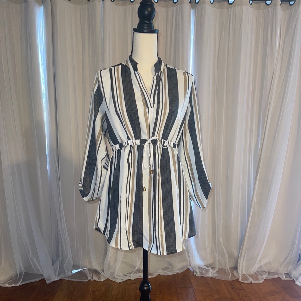 Dressy draw string stripe shirt blue gray white khaki